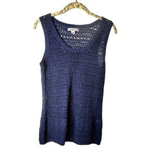 Bass womens sweater vest sz M blue sleeveless crochet 100% cotton scoop neck